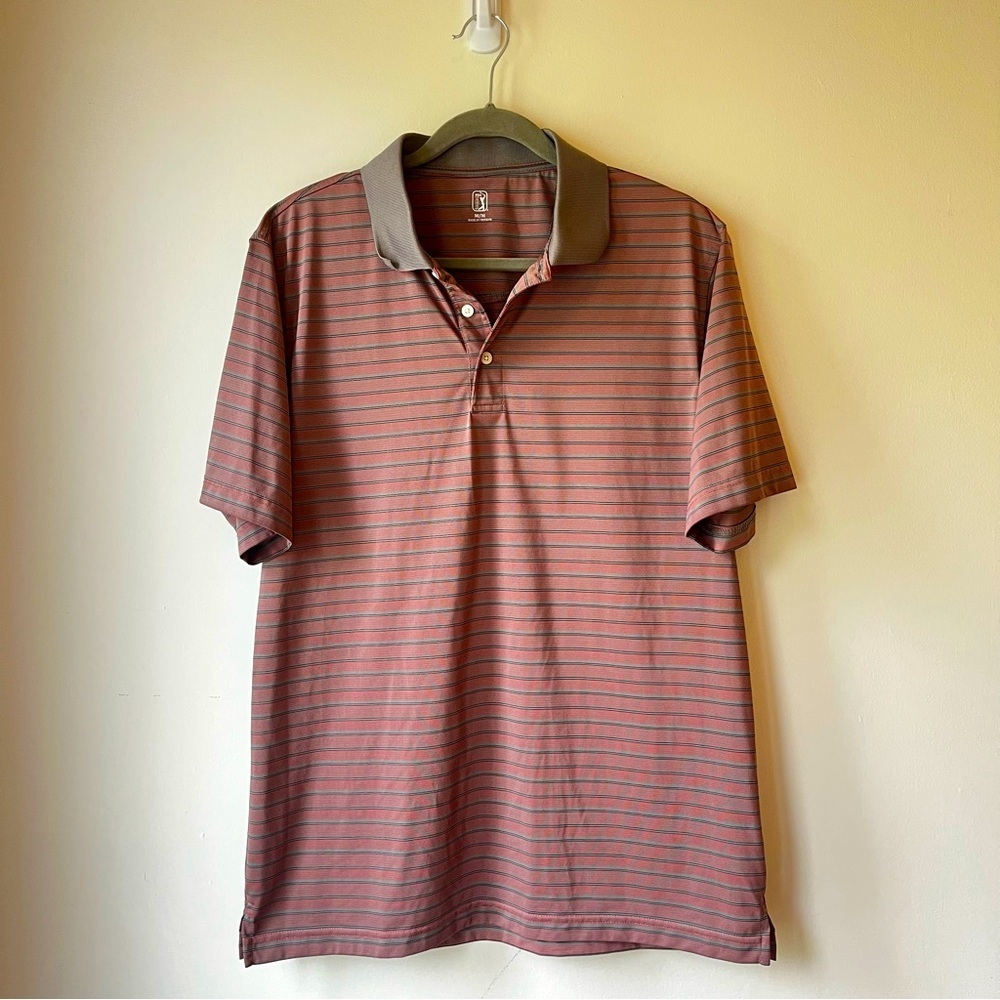 PGA Tour Men’s Striped Golf Polo Shirt Size Medium Performance Moisture Wicking